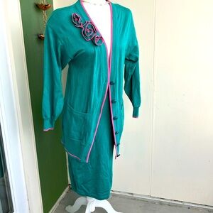 Vintage 80s Green and Pink Floral Knit Cardigan and Skirt Set